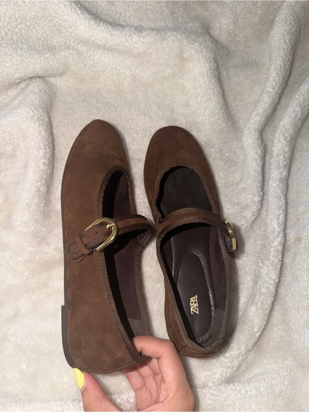 Zara Brown Suede Mary Jane Flats with Gold Buckle